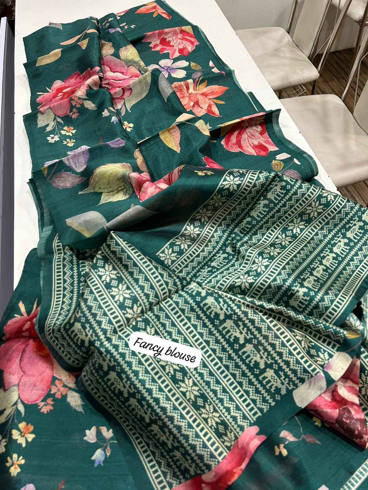 SEMI SOFT TUSSAR DIGITAL PRINT FLORAL DESIGN SAREE AT WHOLESALE PRICE
