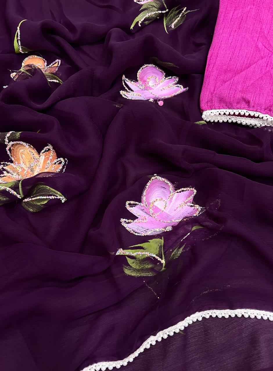 SOFT CHIFFON FLORAL HANDBRUSH PRINT SAREE AT WHOLESALE PRICE