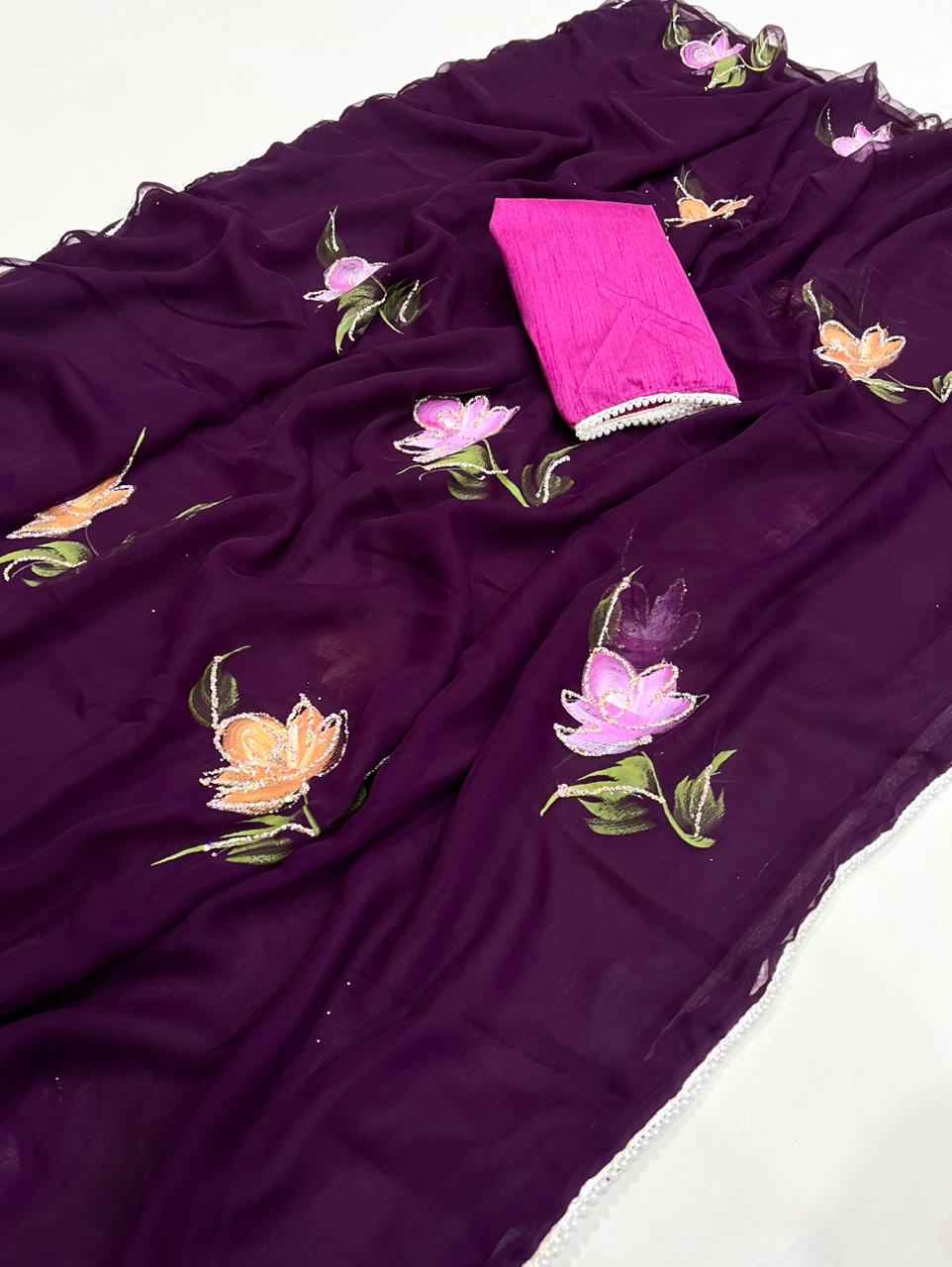 SOFT CHIFFON FLORAL HANDBRUSH PRINT SAREE AT WHOLESALE PRICE