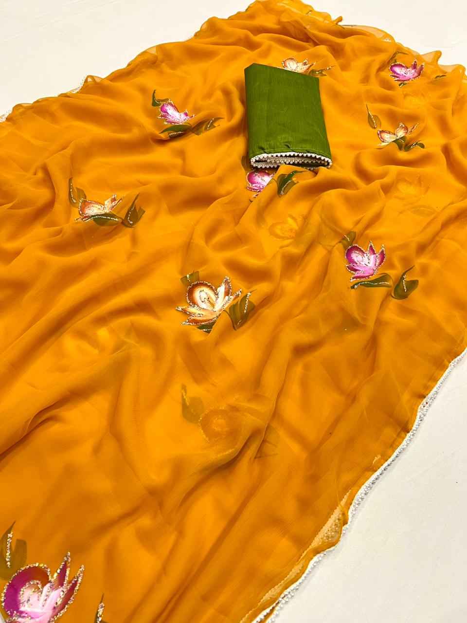 SOFT CHIFFON FLORAL HANDBRUSH PRINT SAREE AT WHOLESALE PRICE