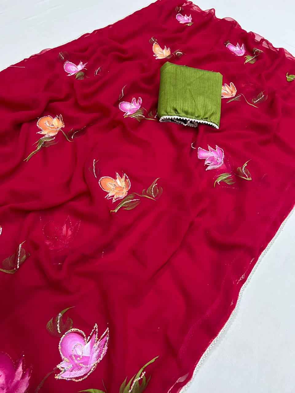 SOFT CHIFFON FLORAL HANDBRUSH PRINT SAREE AT WHOLESALE PRICE