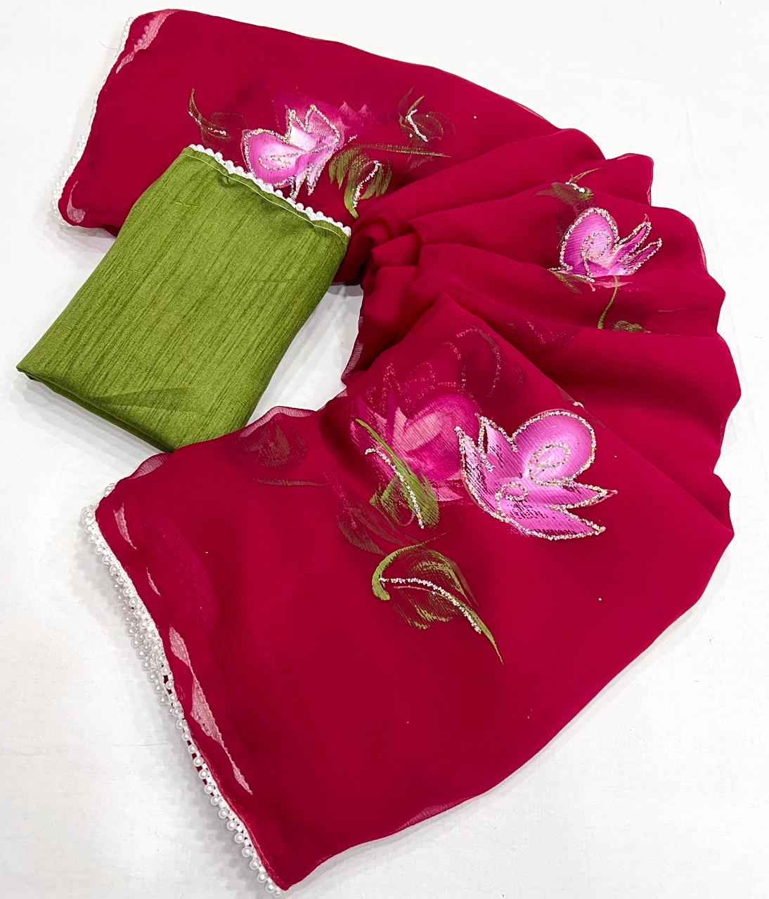 SOFT CHIFFON FLORAL HANDBRUSH PRINT SAREE AT WHOLESALE PRICE