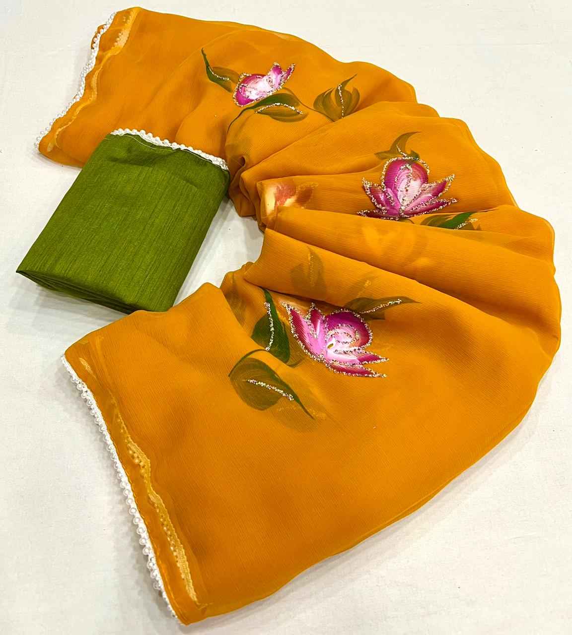 SOFT CHIFFON FLORAL HANDBRUSH PRINT SAREE AT WHOLESALE PRICE