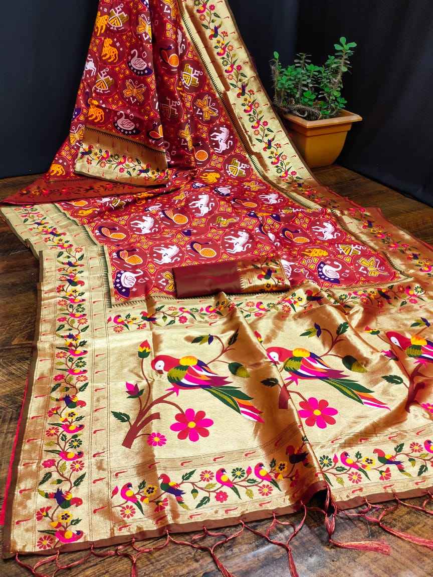 SOFT KASHMIRI PATOLA PAITHANI SILK GOLD JARI WEAVING SAREE AT WHOLESALE PRICE