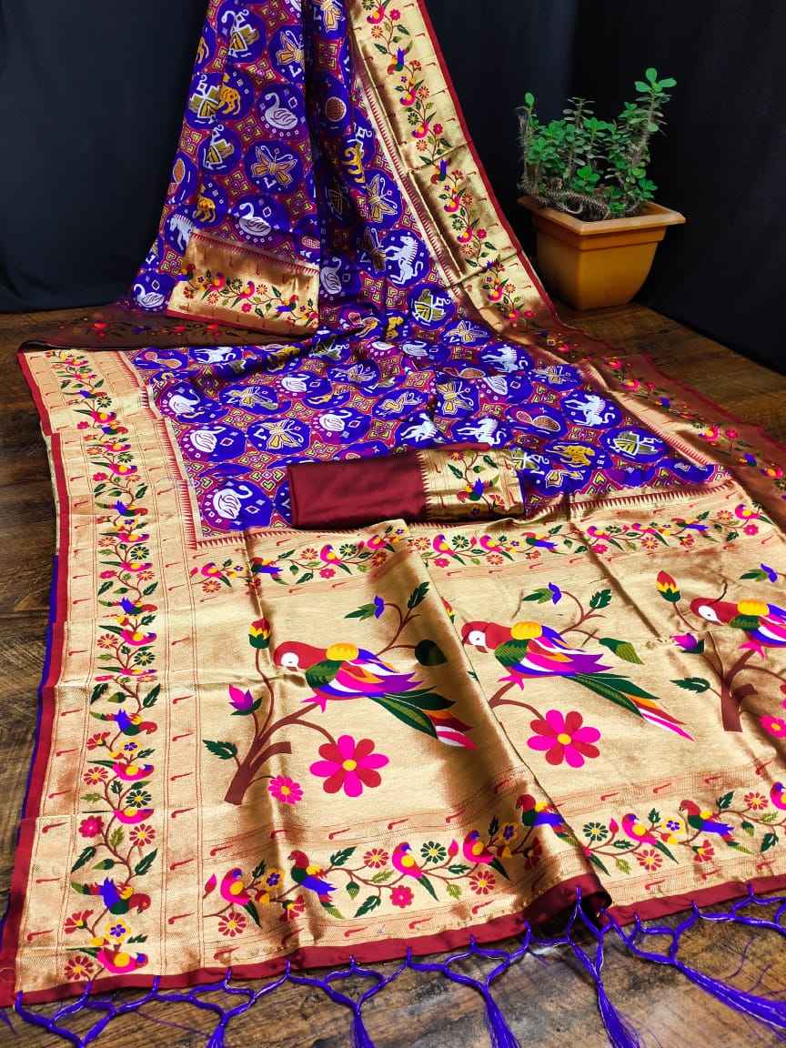 SOFT KASHMIRI PATOLA PAITHANI SILK GOLD JARI WEAVING SAREE AT WHOLESALE PRICE