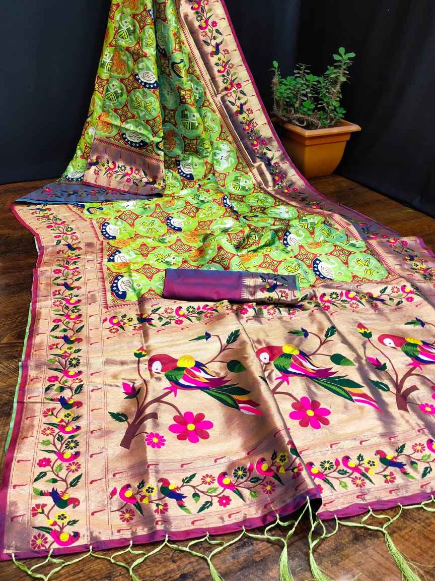 SOFT KASHMIRI PATOLA PAITHANI SILK GOLD JARI WEAVING SAREE AT WHOLESALE PRICE