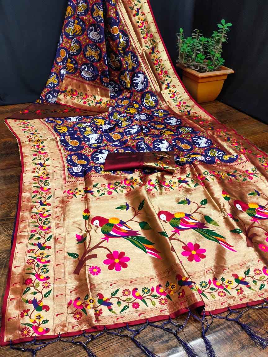 SOFT KASHMIRI PATOLA PAITHANI SILK GOLD JARI WEAVING SAREE AT WHOLESALE PRICE