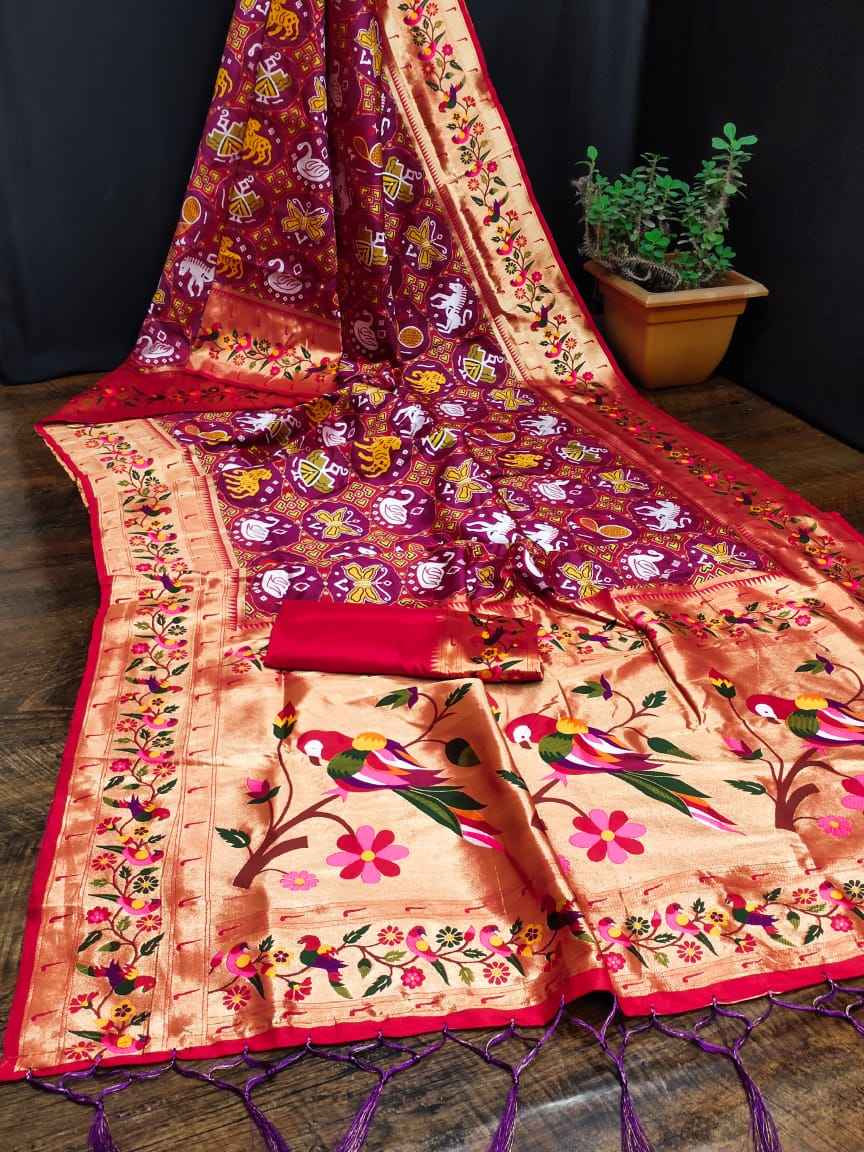 SOFT KASHMIRI PATOLA PAITHANI SILK GOLD JARI WEAVING SAREE AT WHOLESALE PRICE