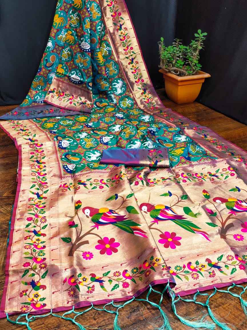 SOFT KASHMIRI PATOLA PAITHANI SILK GOLD JARI WEAVING SAREE AT WHOLESALE PRICE