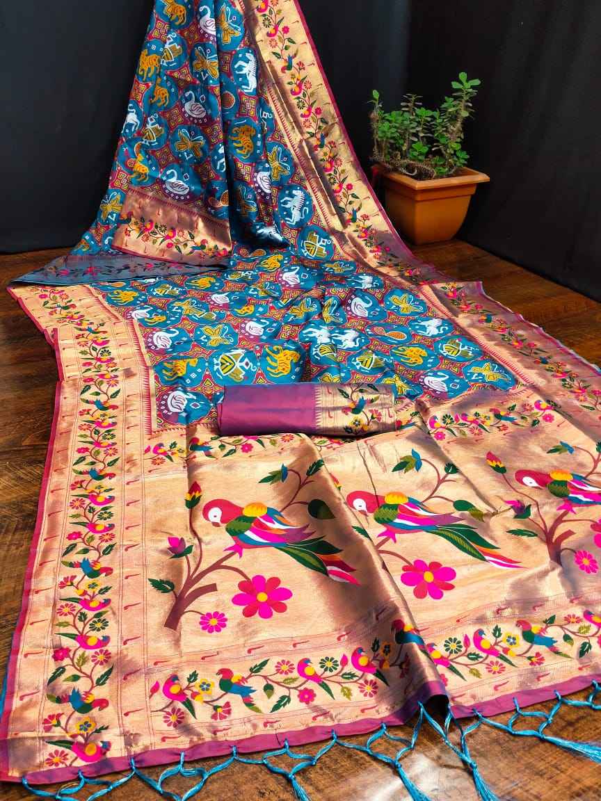 SOFT KASHMIRI PATOLA PAITHANI SILK GOLD JARI WEAVING SAREE AT WHOLESALE PRICE