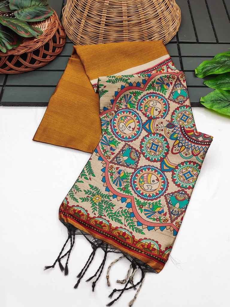 SOFT KHADI RAW SILK WITH MADHUBANI HAND PRINT SAREE AT WHOLESALE PRICE