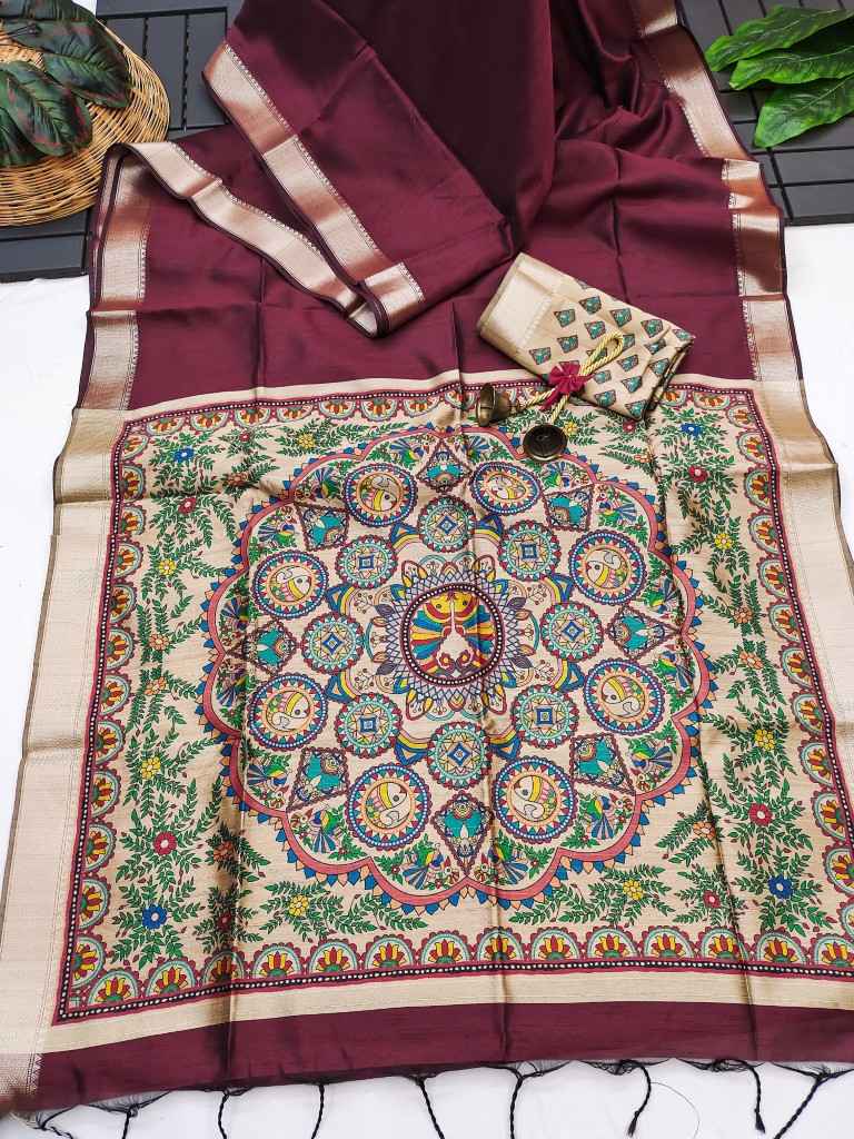 SOFT KHADI RAW SILK WITH MADHUBANI HAND PRINT SAREE AT WHOLESALE PRICE