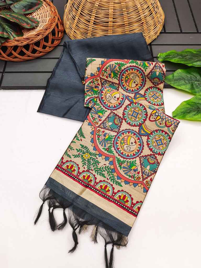 SOFT KHADI RAW SILK WITH MADHUBANI HAND PRINT SAREE AT WHOLESALE PRICE