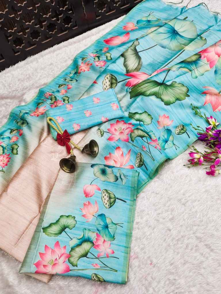 SOFT TUSSAR SILK LOTUS PRINT PALLU SAREE AT WHOLESALE PRICE