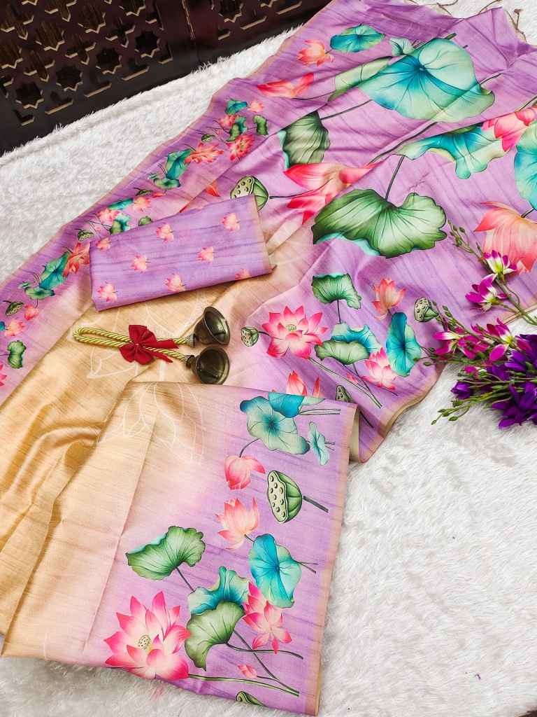 SOFT TUSSAR SILK LOTUS PRINT PALLU SAREE AT WHOLESALE PRICE