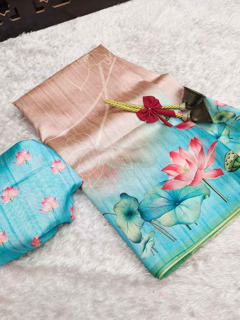 SOFT TUSSAR SILK LOTUS PRINT PALLU SAREE AT WHOLESALE PRICE