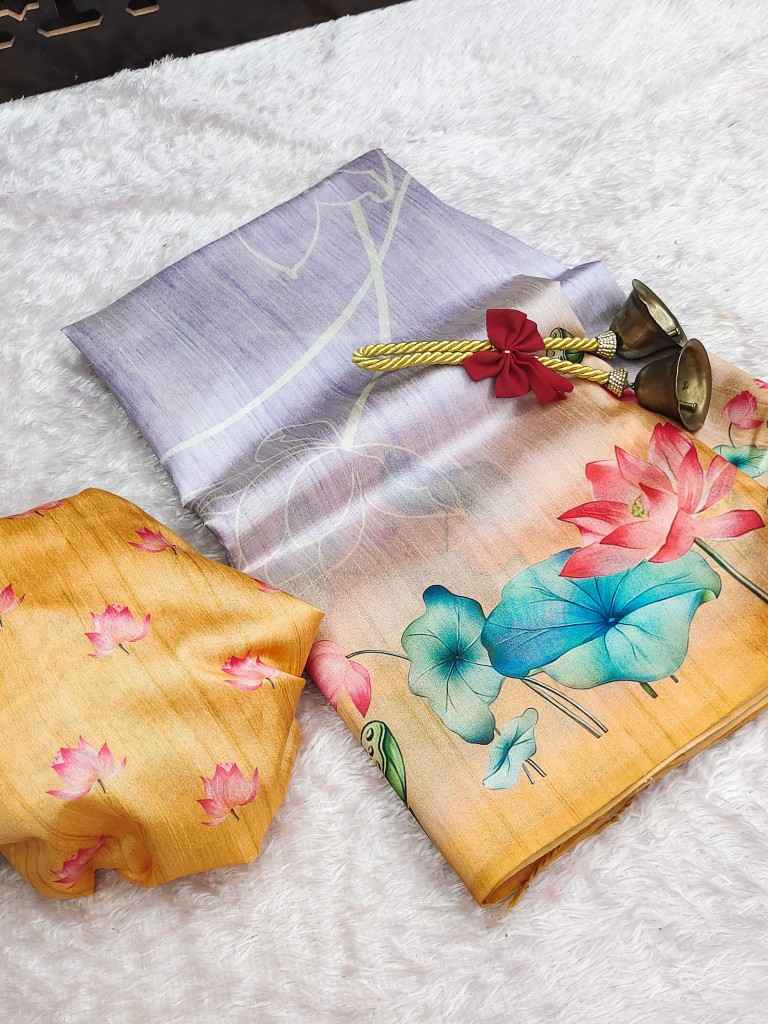 SOFT TUSSAR SILK LOTUS PRINT PALLU SAREE AT WHOLESALE PRICE