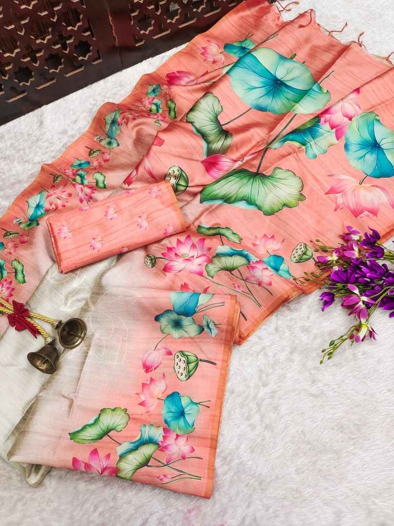 SOFT TUSSAR SILK LOTUS PRINT PALLU SAREE AT WHOLESALE PRICE
