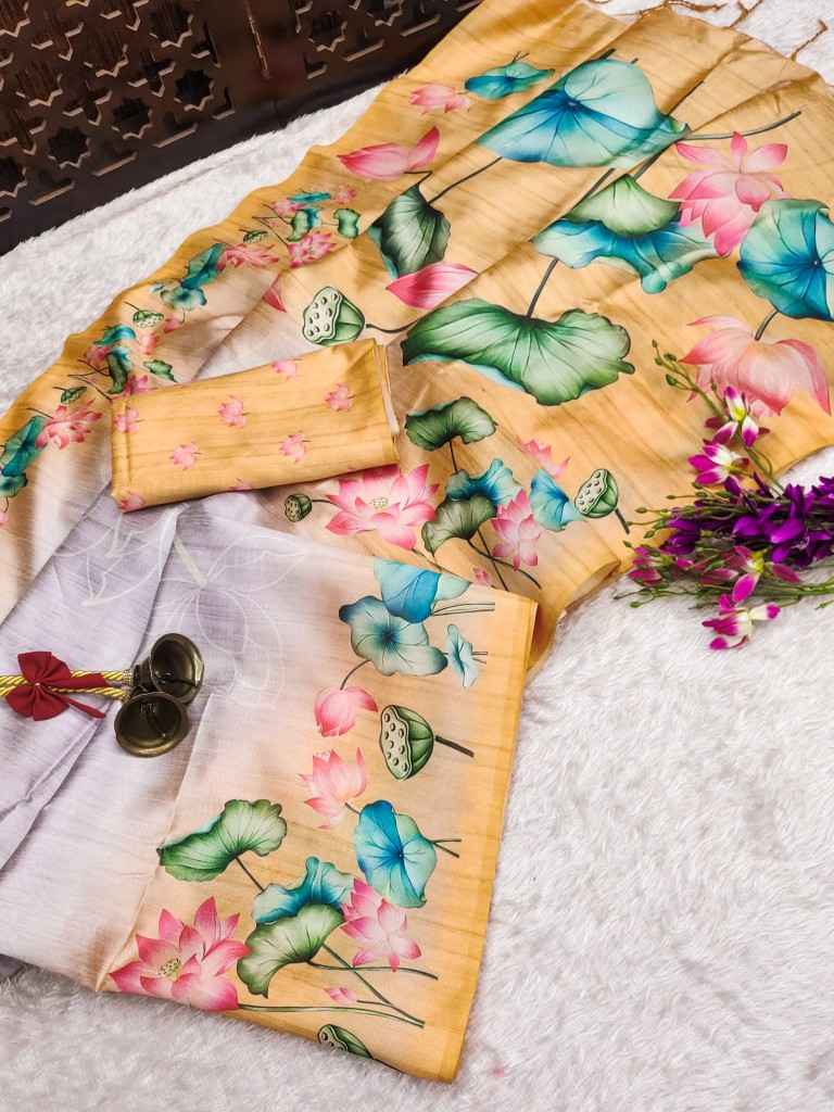SOFT TUSSAR SILK LOTUS PRINT PALLU SAREE AT WHOLESALE PRICE