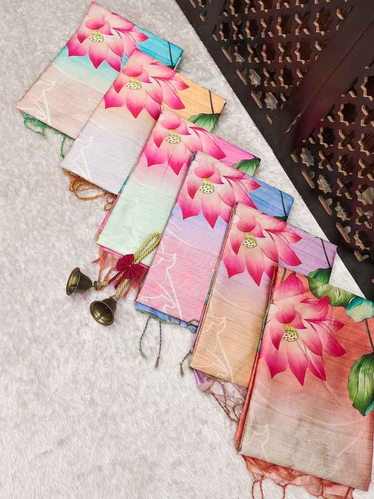 SOFT TUSSAR SILK LOTUS PRINT PALLU SAREE AT WHOLESALE PRICE