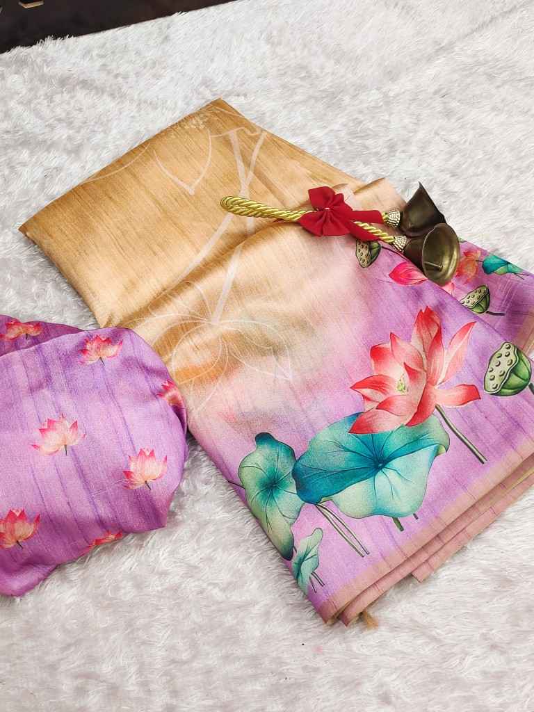 SOFT TUSSAR SILK LOTUS PRINT PALLU SAREE AT WHOLESALE PRICE