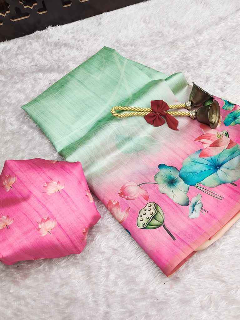 SOFT TUSSAR SILK LOTUS PRINT PALLU SAREE AT WHOLESALE PRICE