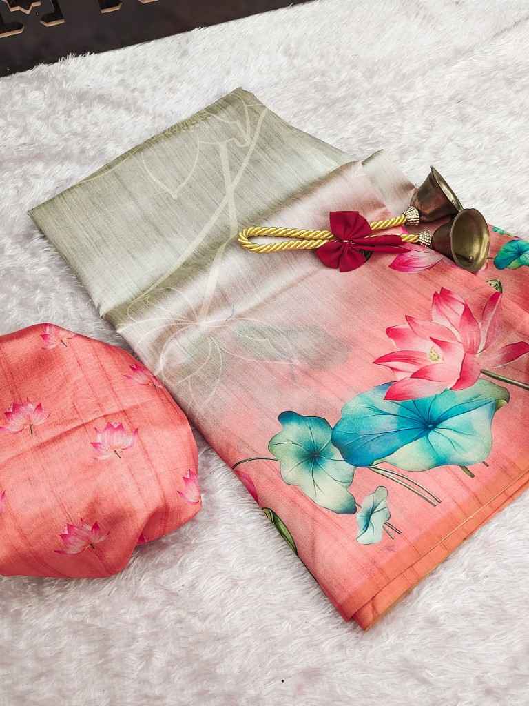 SOFT TUSSAR SILK LOTUS PRINT PALLU SAREE AT WHOLESALE PRICE