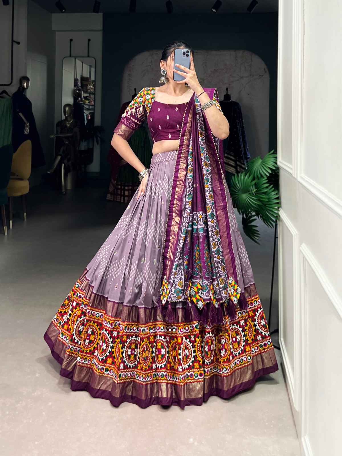 TASAR SILK DOT AND IKKAT PRINT MIRROR GAMTHI WORK LACE LEHENGA CHOLI AT WHOLESALE PRICE