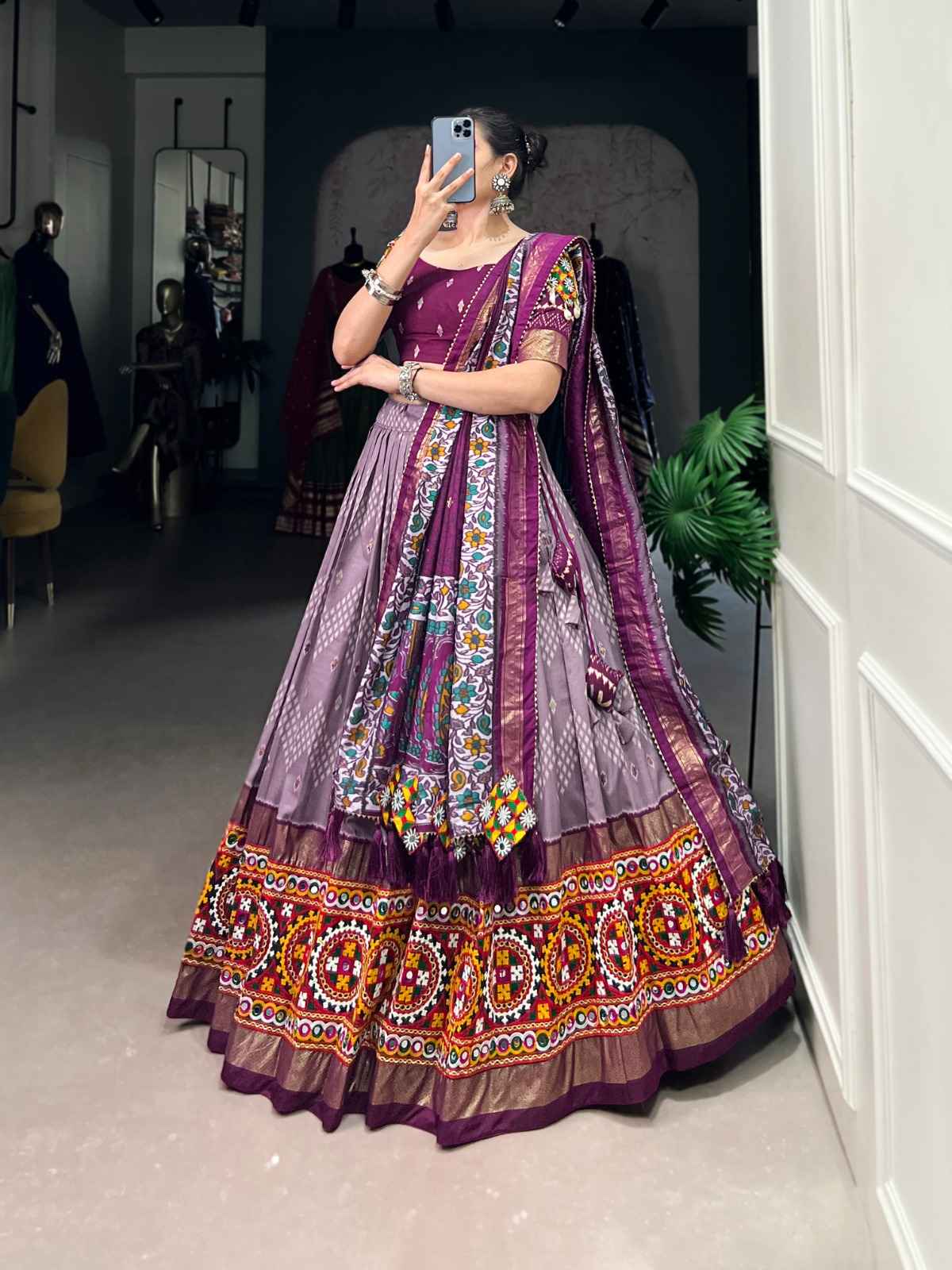 TASAR SILK DOT AND IKKAT PRINT MIRROR GAMTHI WORK LACE LEHENGA CHOLI AT WHOLESALE PRICE