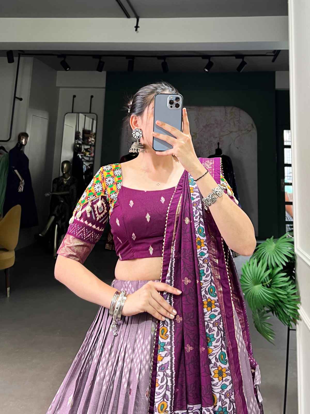 TASAR SILK DOT AND IKKAT PRINT MIRROR GAMTHI WORK LACE LEHENGA CHOLI AT WHOLESALE PRICE