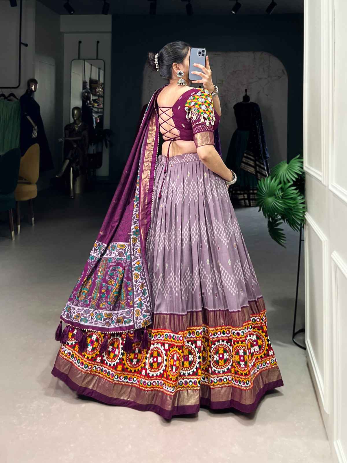 TASAR SILK DOT AND IKKAT PRINT MIRROR GAMTHI WORK LACE LEHENGA CHOLI AT WHOLESALE PRICE