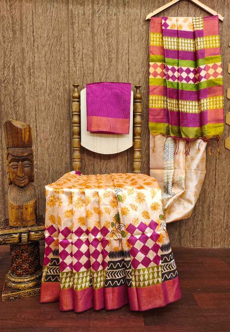 TUSSAR SILK WITH CLASSY FLORAL PRINTED SAREE AT WHOLESALE PRICE