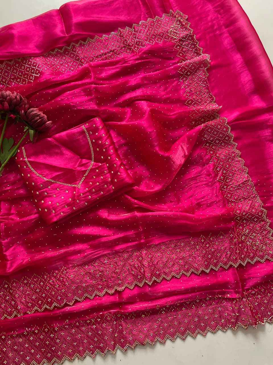 PURE JIMMU CHU HEAVY ZARKHAN & DIAMOND WORK SAREE AT WHOLESALE PRICE