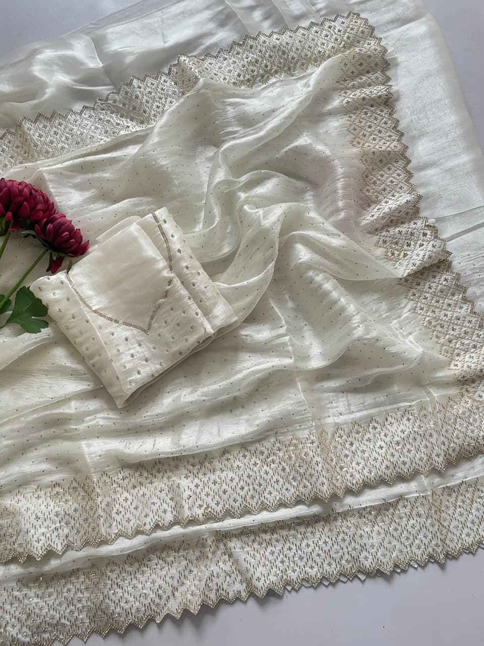 PURE JIMMU CHU HEAVY ZARKHAN & DIAMOND WORK SAREE AT WHOLESALE PRICE