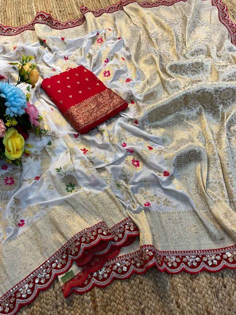 PURE KHADI SILK ZARI WEAVING RED EMBROIDERY WORK SAREE AT WHOLESALE PRICE