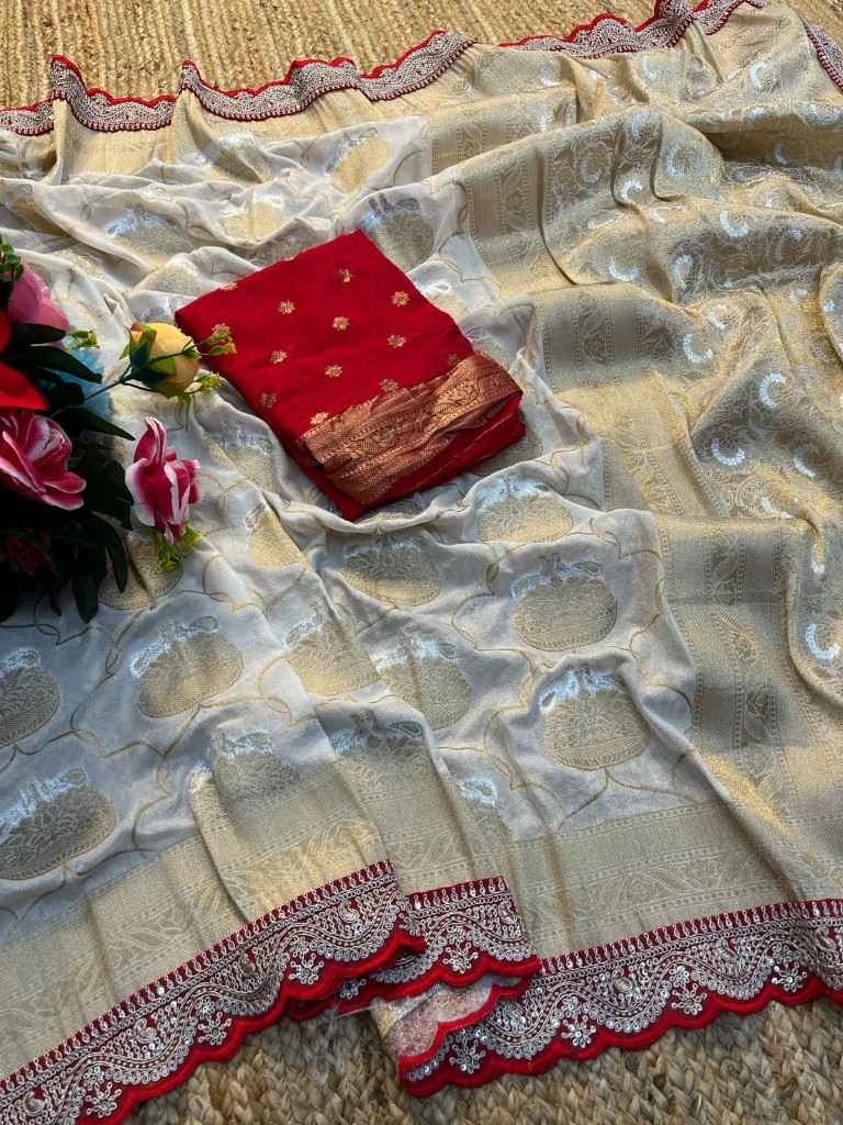 PURE KHADI SILK ZARI WEAVING RED EMBROIDERY WORK SAREE AT WHOLESALE PRICE