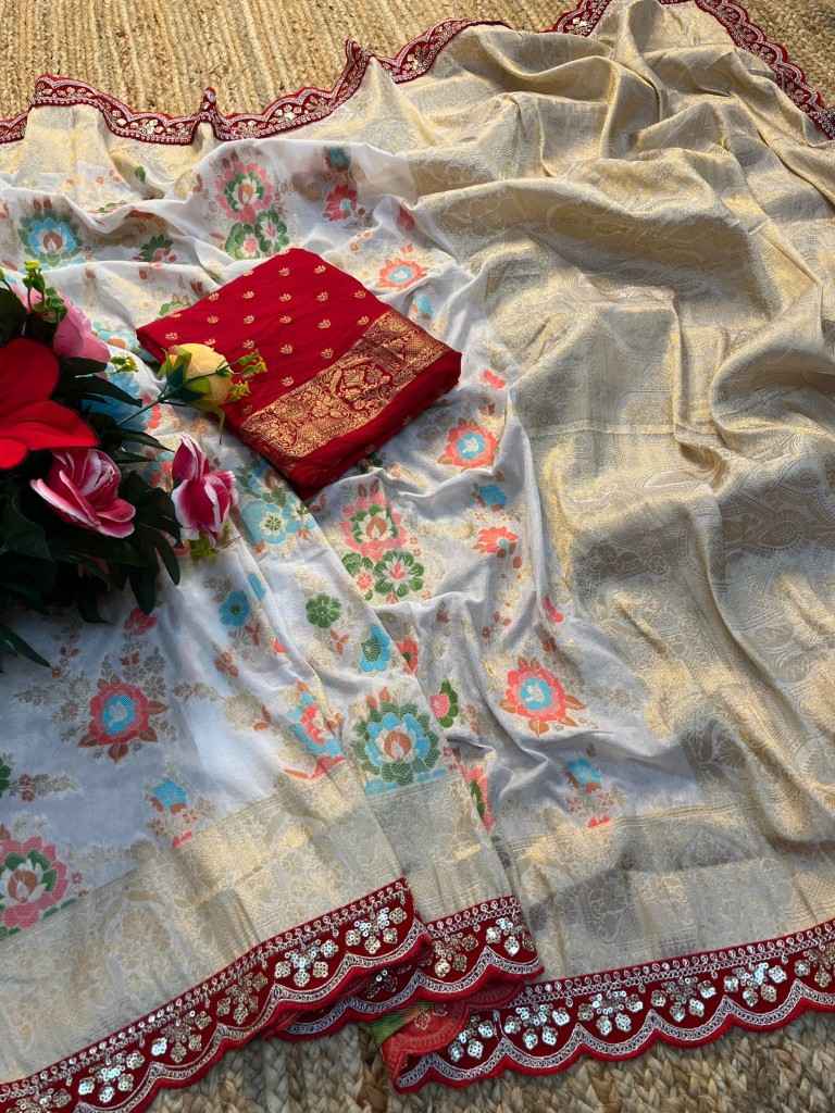 PURE KHADI SILK ZARI WEAVING RED EMBROIDERY WORK SAREE AT WHOLESALE PRICE