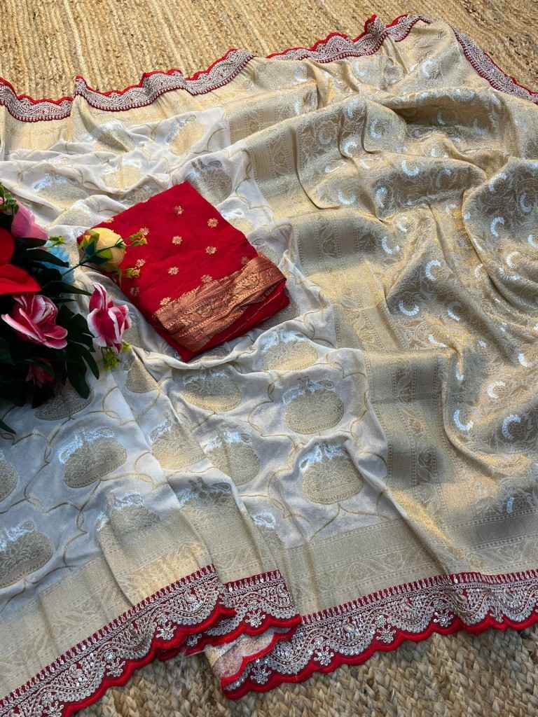 PURE KHADI SILK ZARI WEAVING RED EMBROIDERY WORK SAREE AT WHOLESALE PRICE