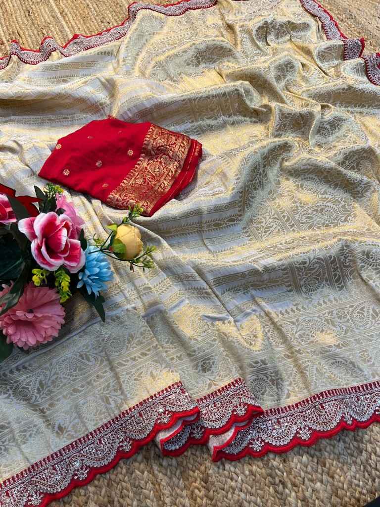 PURE KHADI SILK ZARI WEAVING RED EMBROIDERY WORK SAREE AT WHOLESALE PRICE