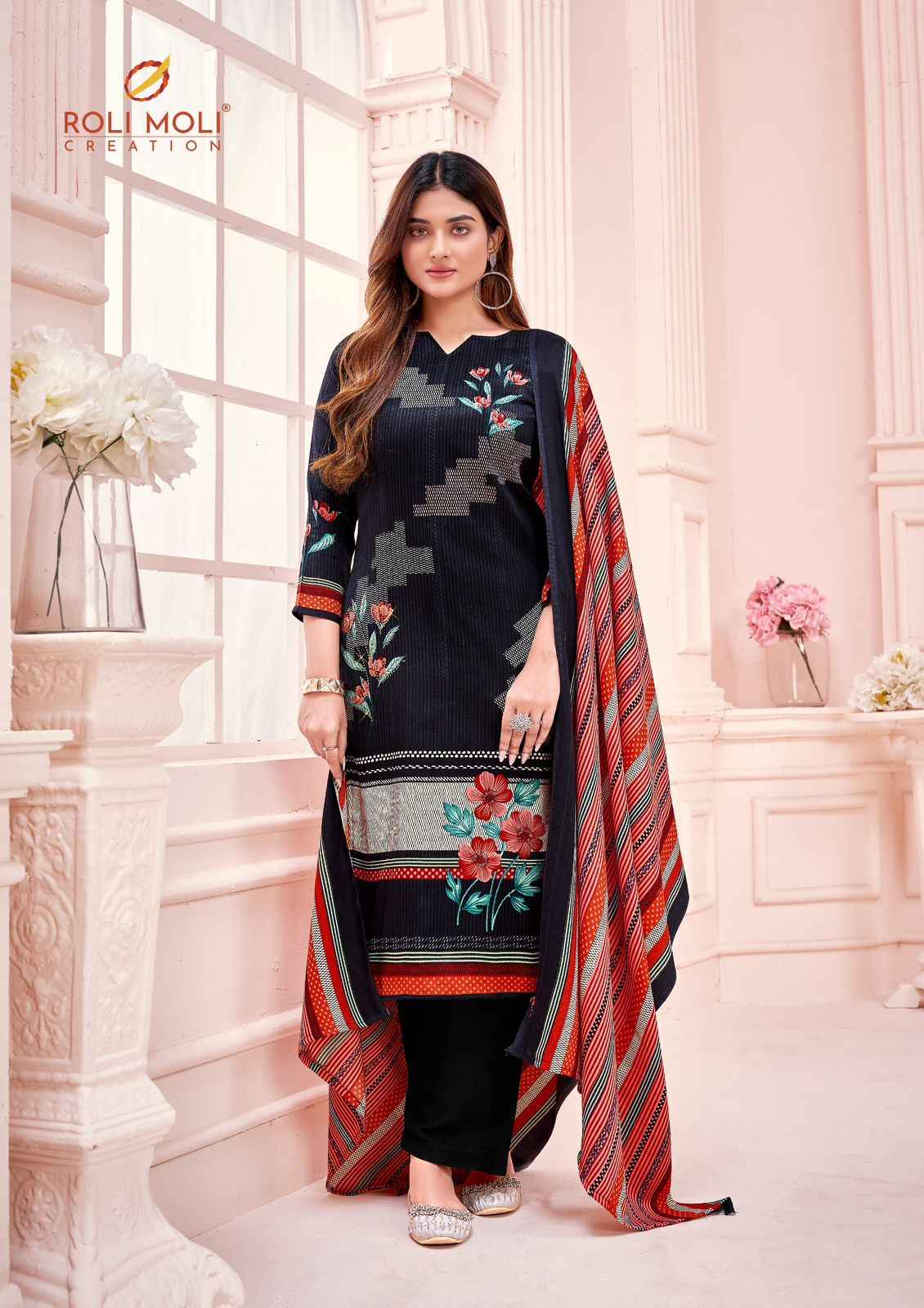 ROLI MOLI TANIA PASHMINA SIROSKI DIAMOND WORK DRESS MATERIAL AT WHOLESALE PRICE