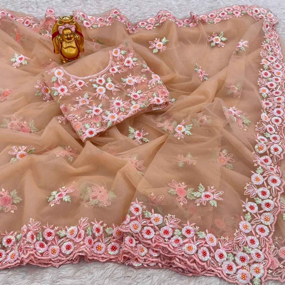 SOFT NET SEQUENCE WORK WITH PEARL WORK SAREE AT WHOLESALE PRICE 