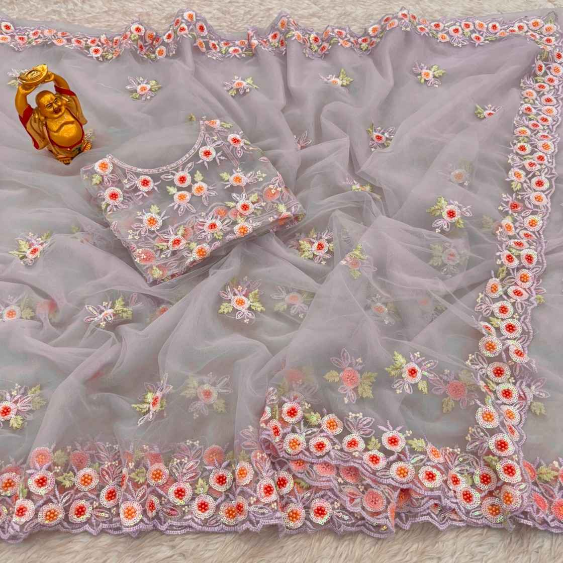 SOFT NET SEQUENCE WORK WITH PEARL WORK SAREE AT WHOLESALE PRICE 