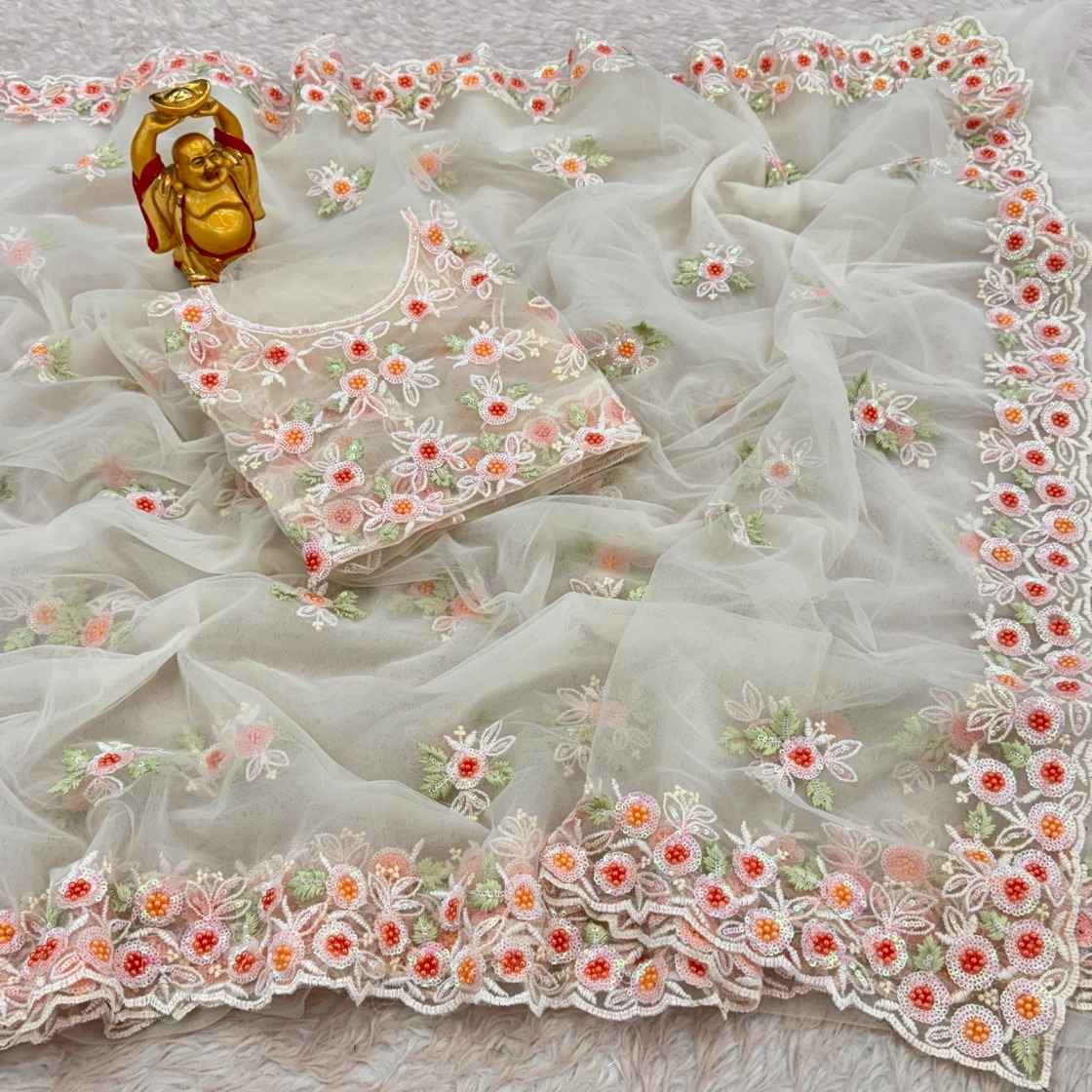 SOFT NET SEQUENCE WORK WITH PEARL WORK SAREE AT WHOLESALE PRICE 