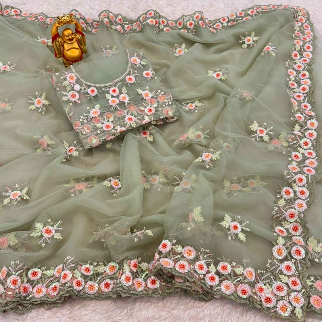 SOFT NET SEQUENCE WORK WITH PEARL WORK SAREE AT WHOLESALE PRICE 