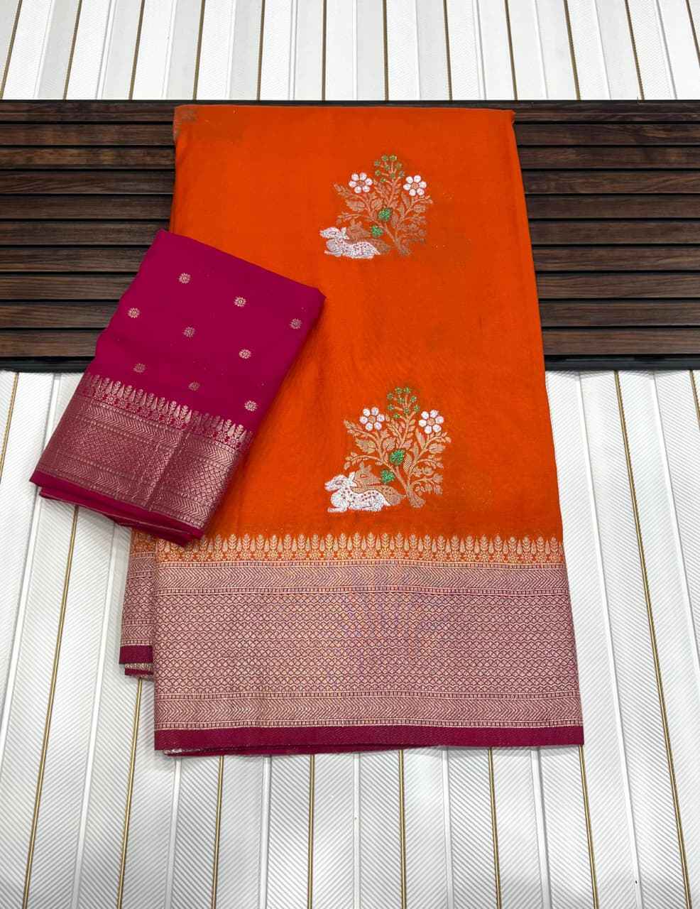 PURE KHADI CREP GEORGETTE JARI MEENA JAQURAD WEVEING SAREE AT WHOLESALE PRICE