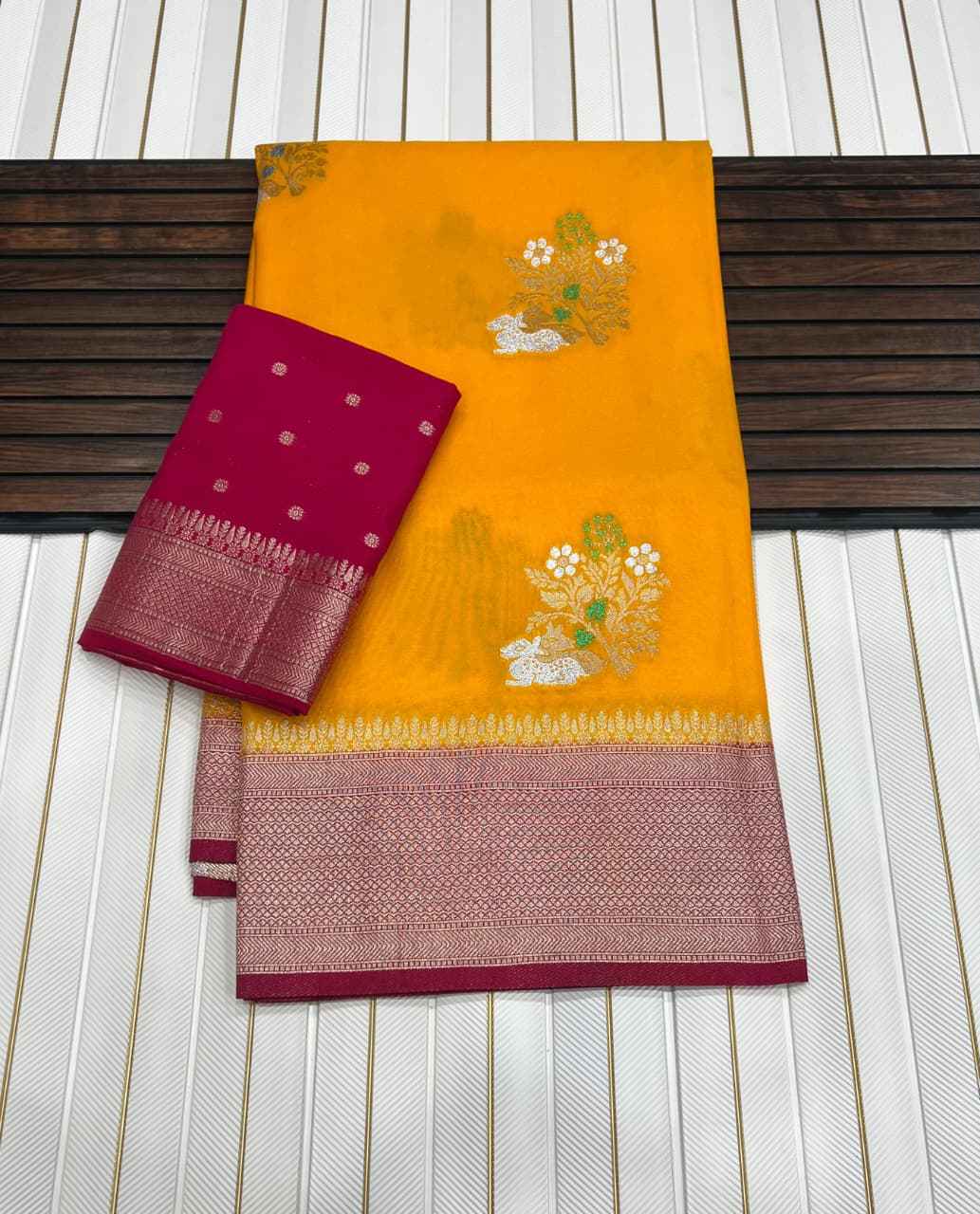 PURE KHADI CREP GEORGETTE JARI MEENA JAQURAD WEVEING SAREE AT WHOLESALE PRICE