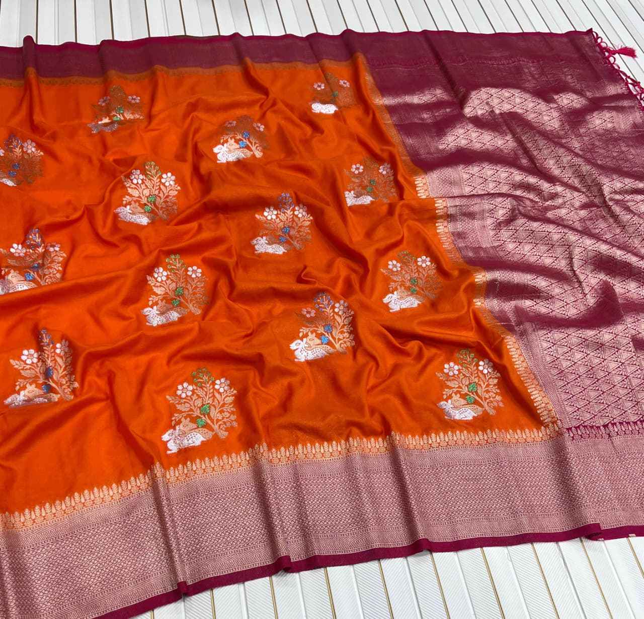 PURE KHADI CREP GEORGETTE JARI MEENA JAQURAD WEVEING SAREE AT WHOLESALE PRICE