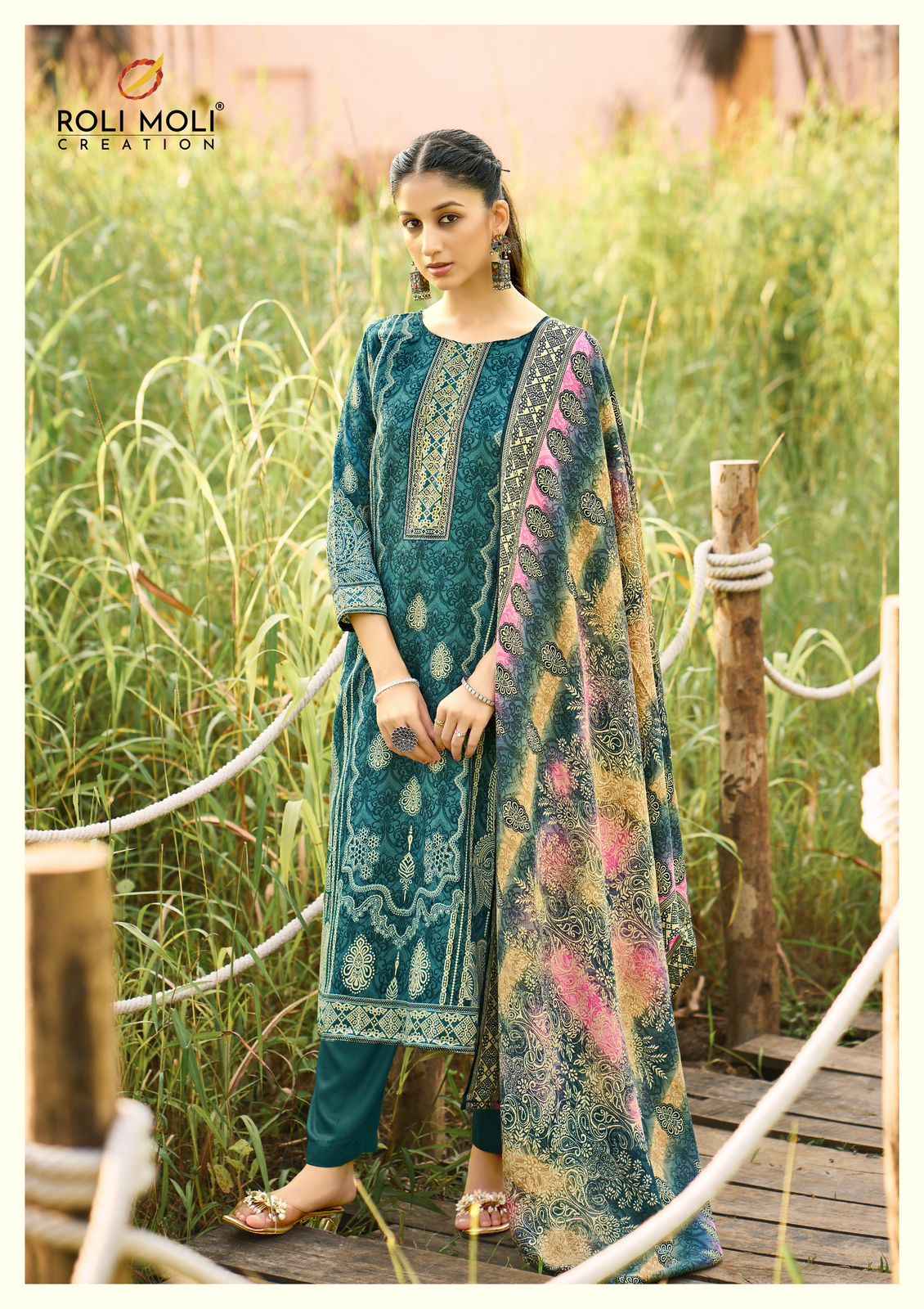 ROLI MOLI FARIDA PASHMINA SIROSKI DIAMOND WORK DRESS MATERIAL AT WHOLESALE PRICE