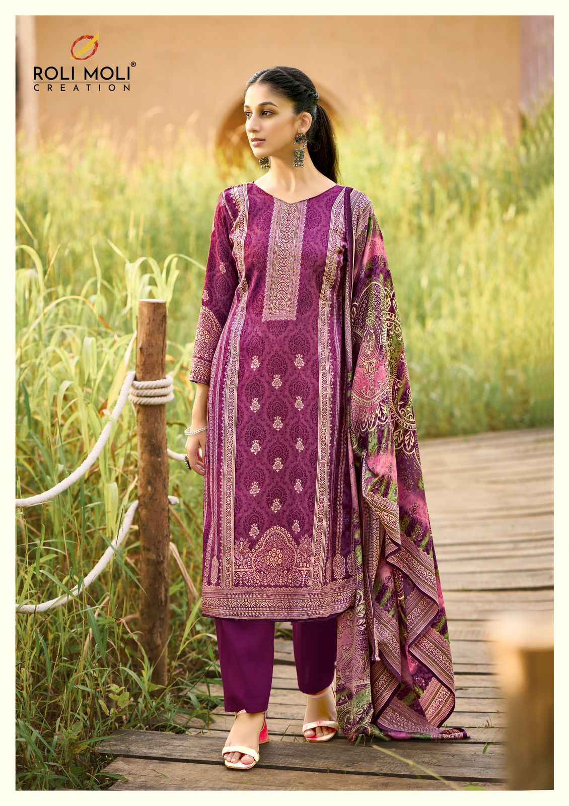 ROLI MOLI FARIDA PASHMINA SIROSKI DIAMOND WORK DRESS MATERIAL AT WHOLESALE PRICE