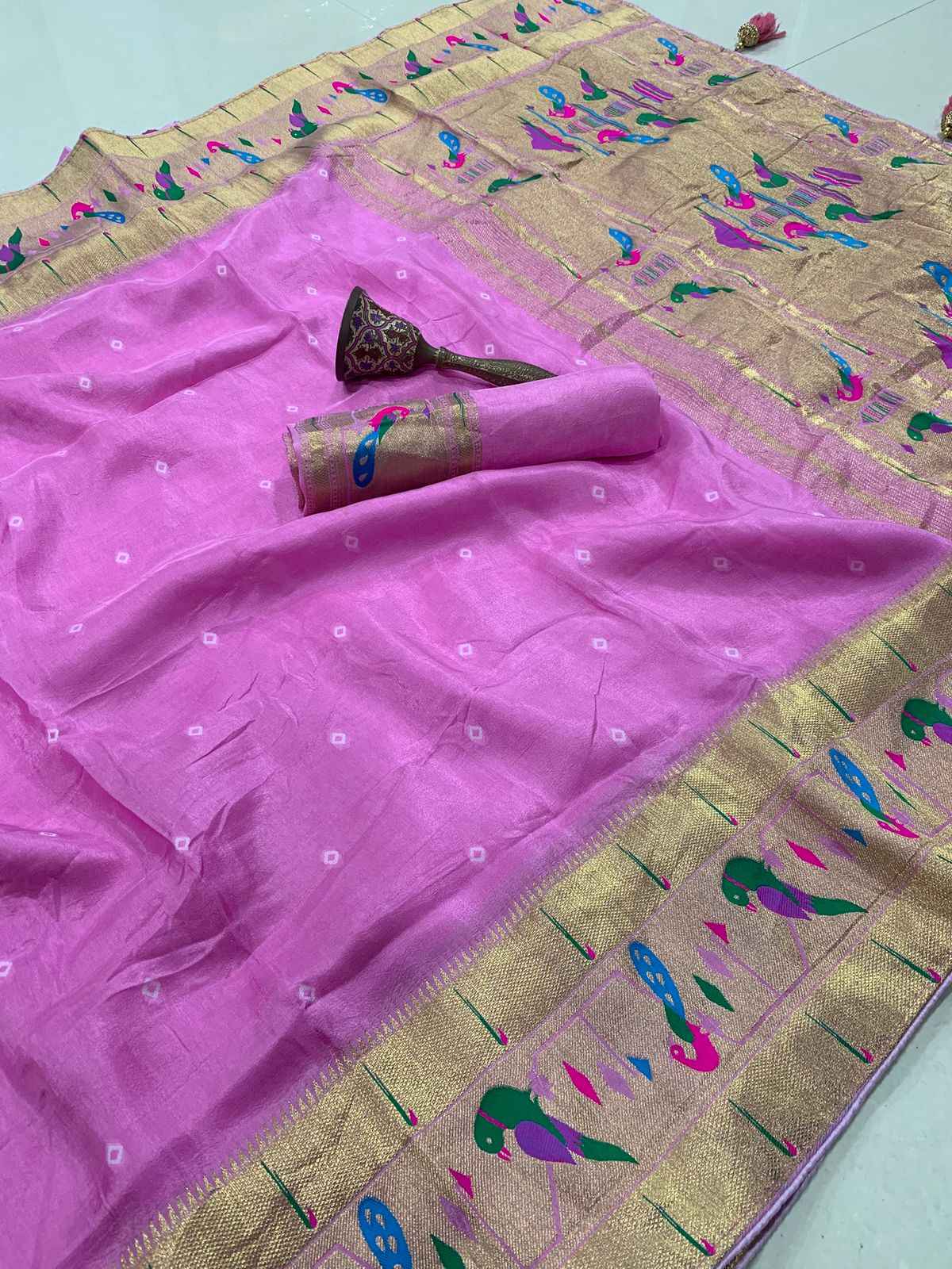 SOFT VISCOS GAJJI SILK BANDHEJ WITH JARI WEAVING WORK SAREE AT WHOLESALE PRICE